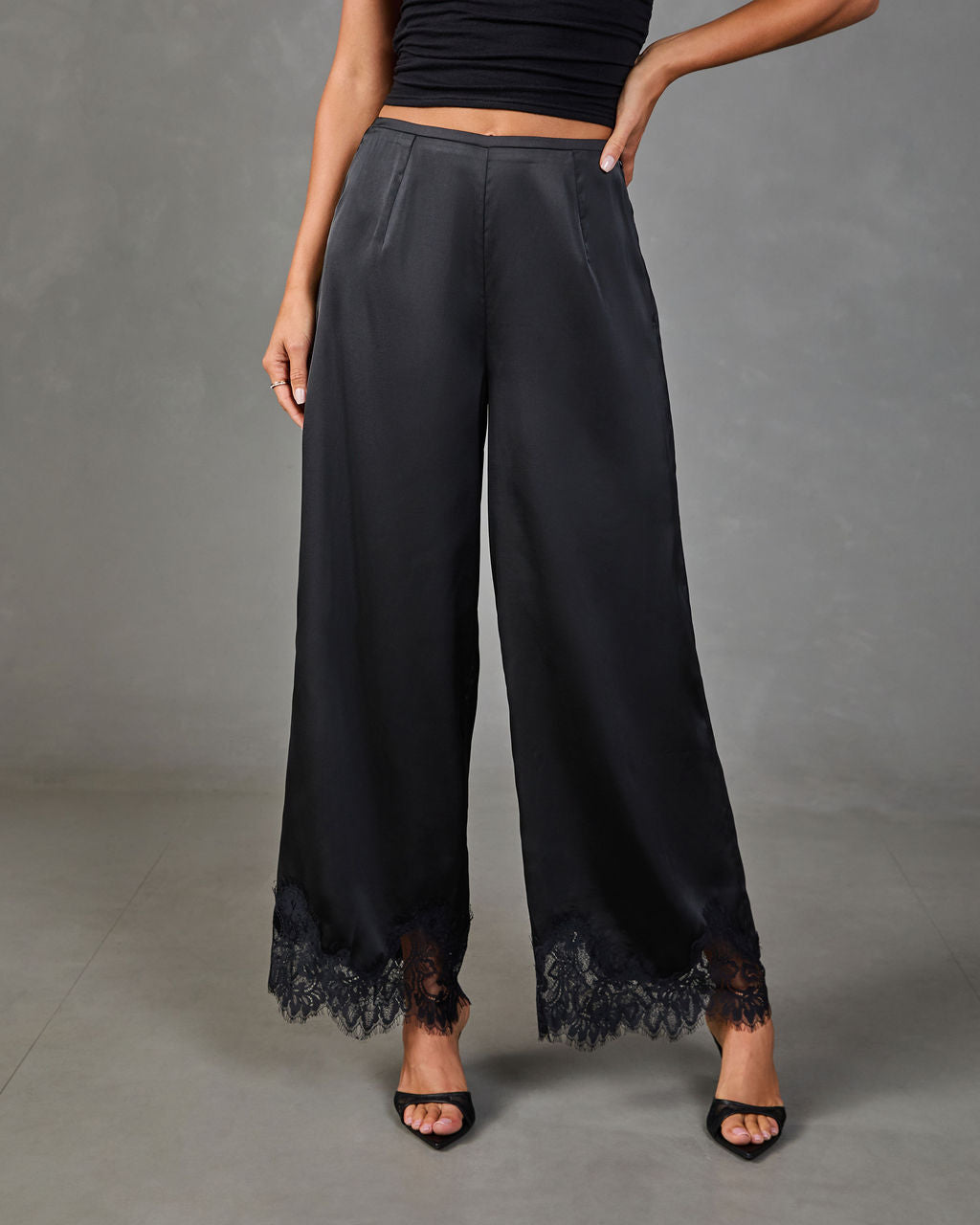 Soera Satin Wide Leg Lace Trim Pants