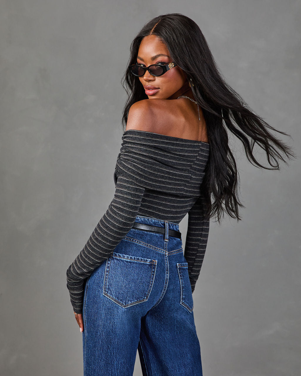 Style Muse Striped Off the Shoulder Bodysuit