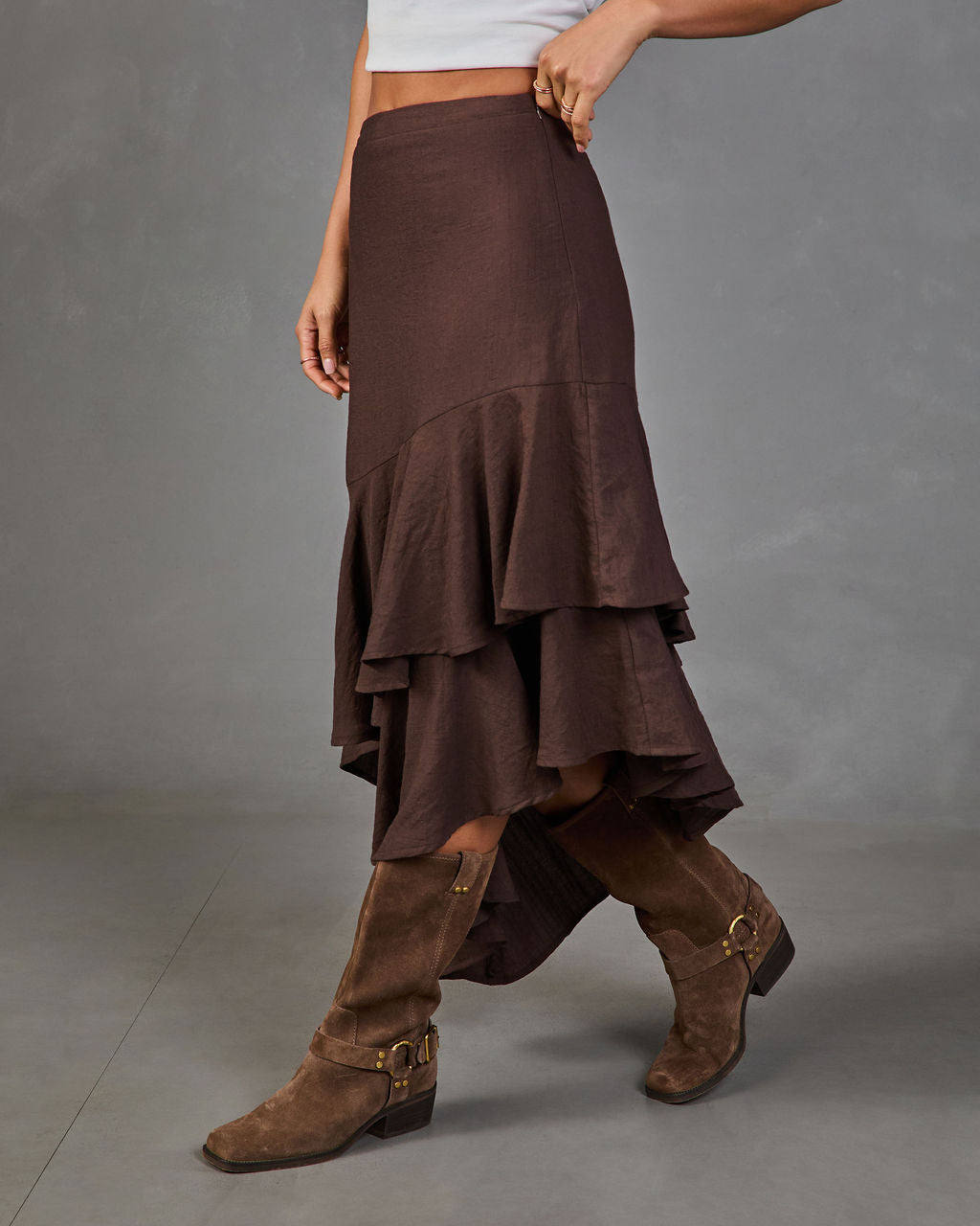 Briston Linen Blend Tiered Ruffle Midi Skirt