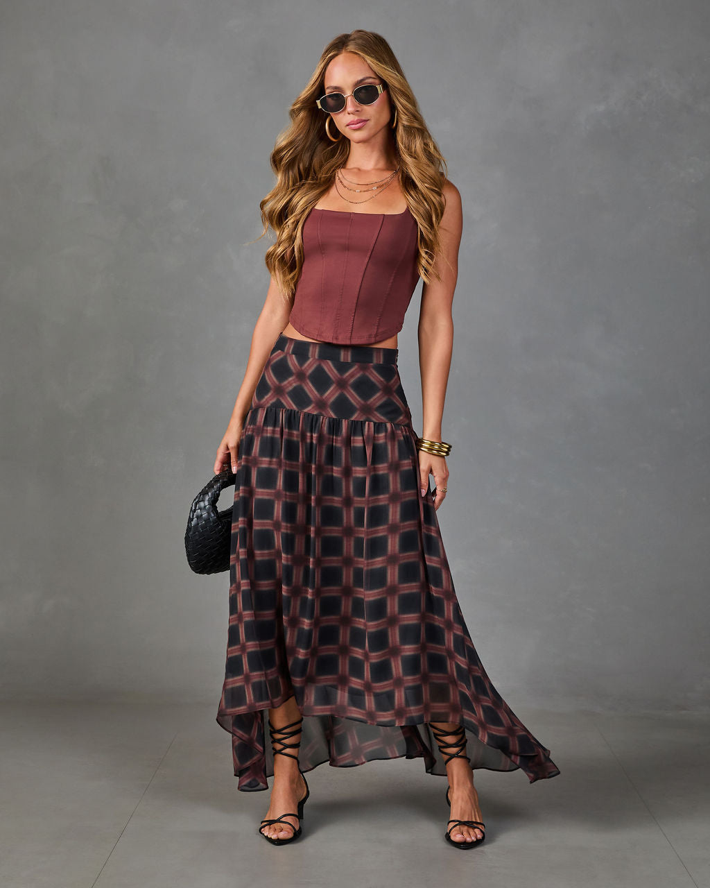 Prep Season Plaid Chiffon High Low Midi Skirt