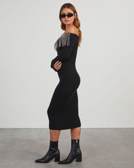 Dante Off The Shoulder Rhinestone Fringe Midi Dress