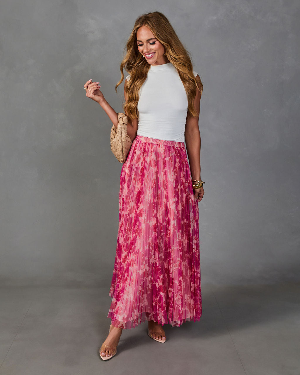 Whispered Rose Pleated Tulle Floral Maxi Skirt