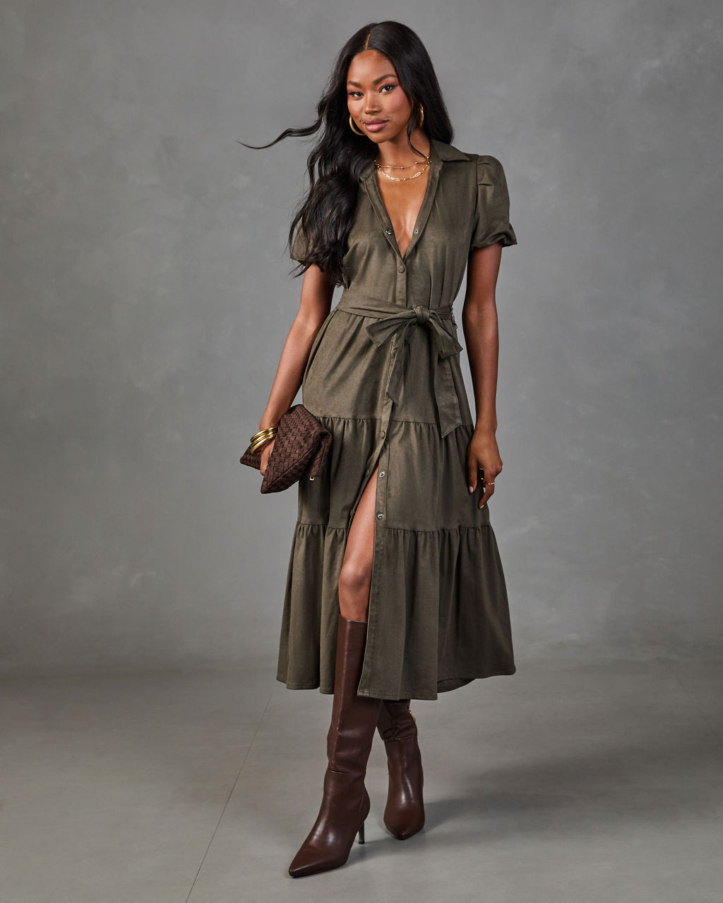 Monae Tiered Faux Suede Midi Dress