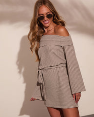 Krissa Striped Off The Shoulder Waist Tie Mini Dress