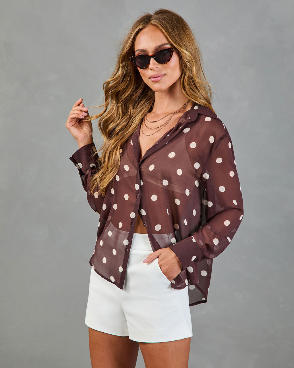 Golden Drift Button Down Polka Dot Top