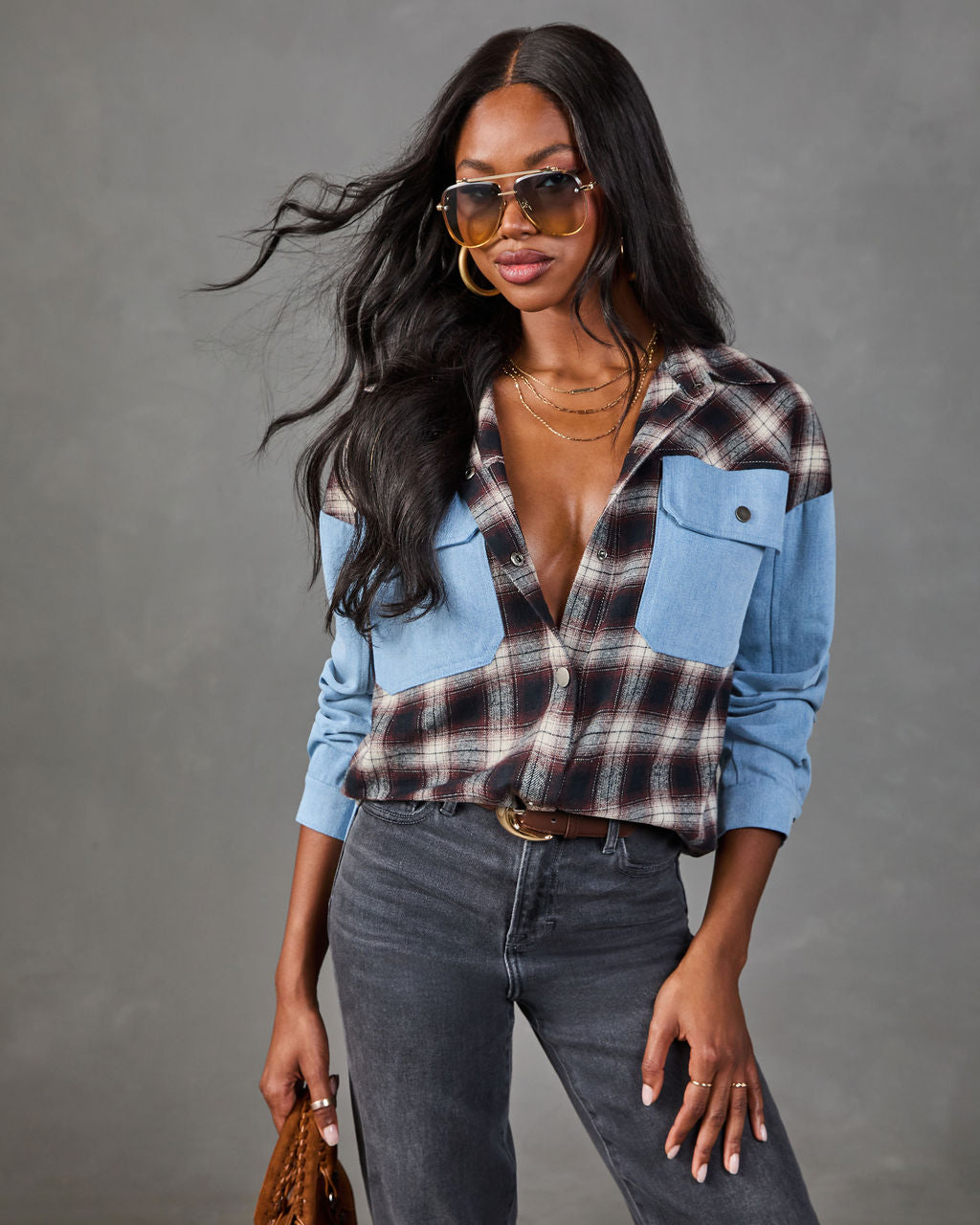 Sweet Season Plaid Denim Panel Longline Button Up Top
