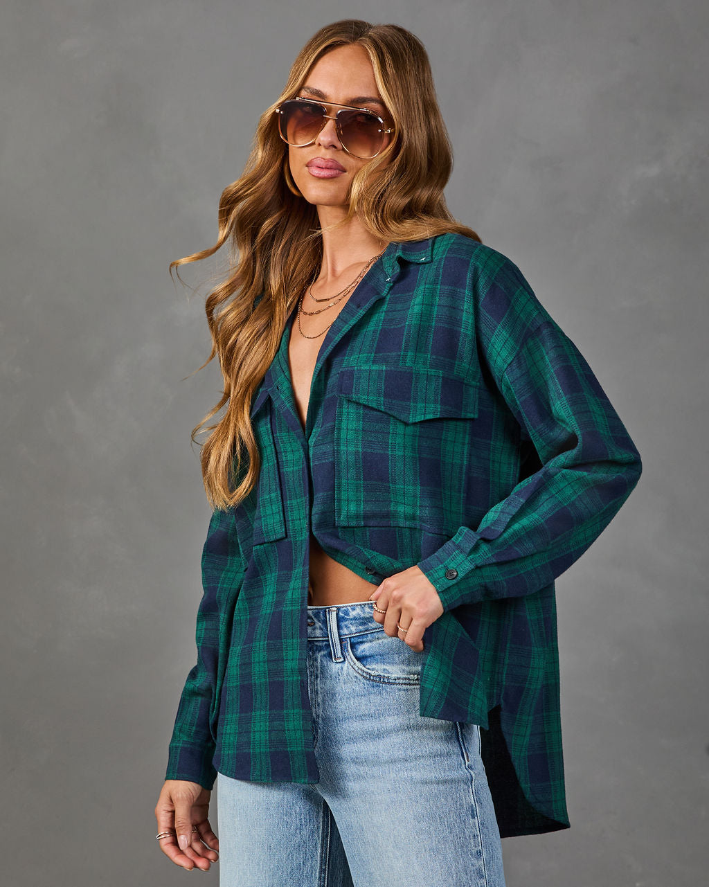 Petaluma Cotton Blend Plaid Button Down Top