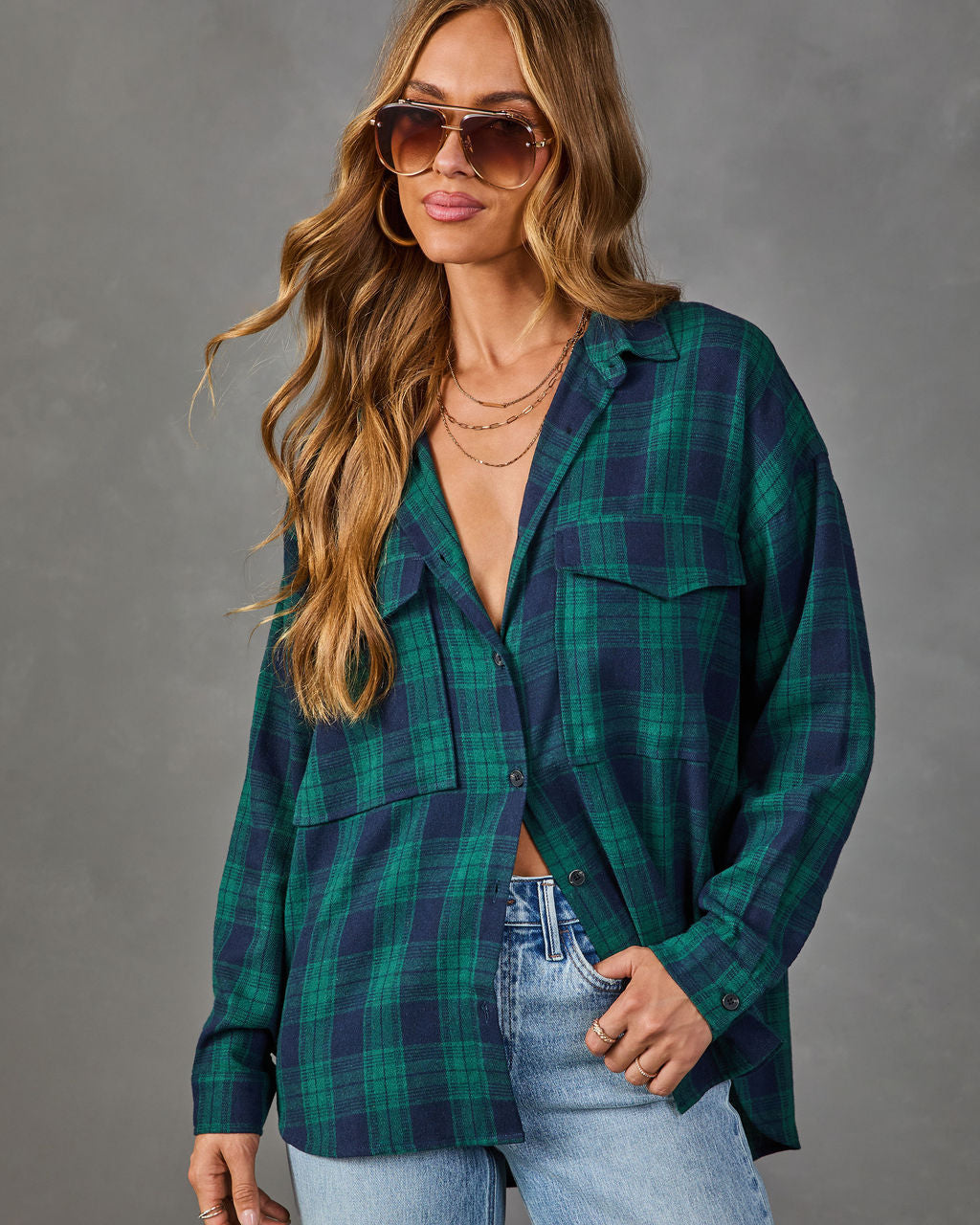 Petaluma Cotton Blend Plaid Button Down Top