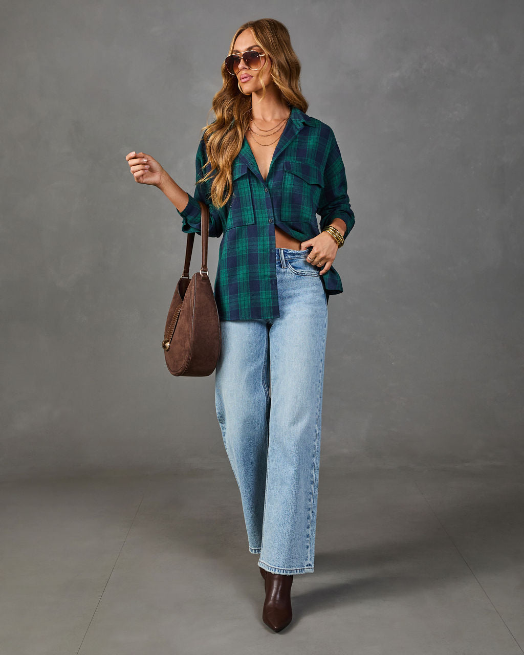 Petaluma Cotton Blend Plaid Button Down Top