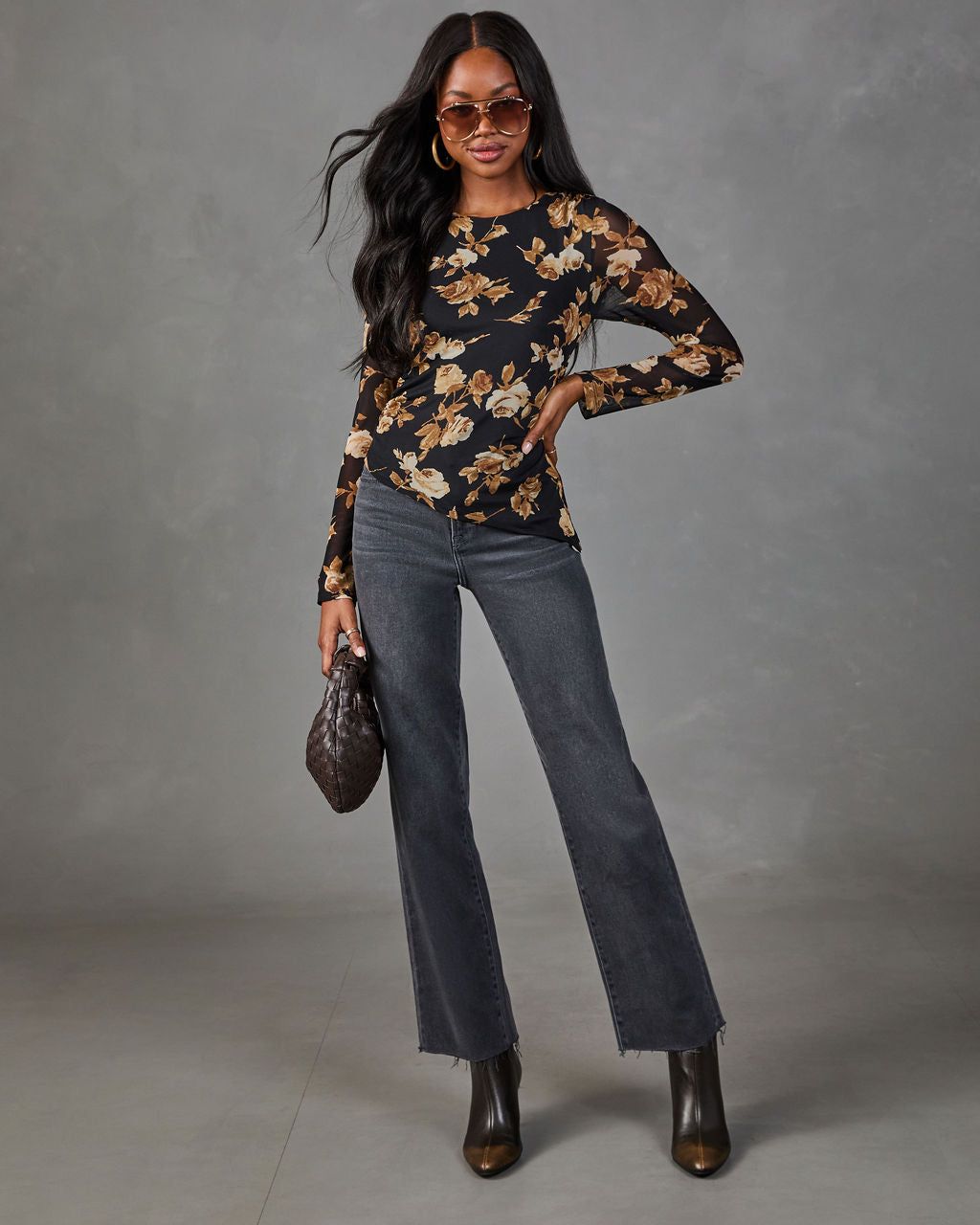 Dusky Garden Mesh Floral Asymmetric Hem Top