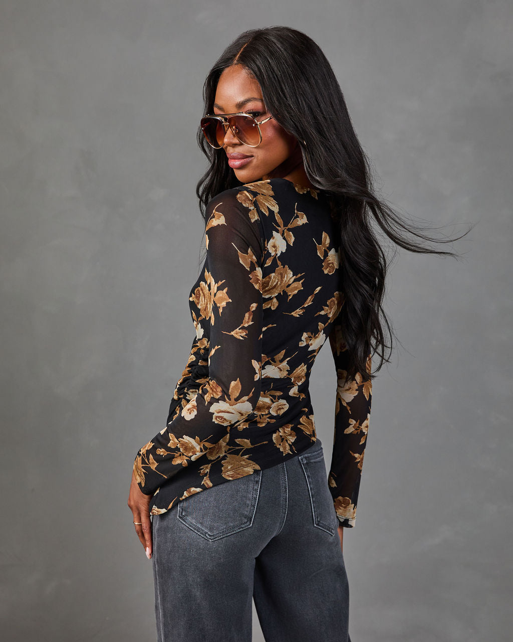 Dusky Garden Mesh Floral Asymmetric Hem Top