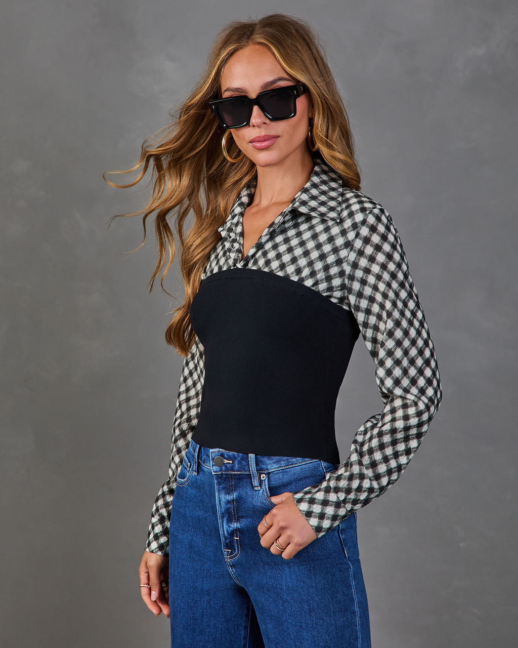 Tomar Plaid Knit Vest Twofer Blouse