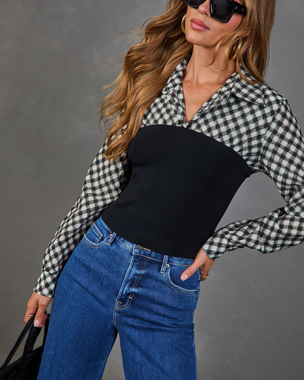 Tomar Plaid Knit Vest Twofer Blouse