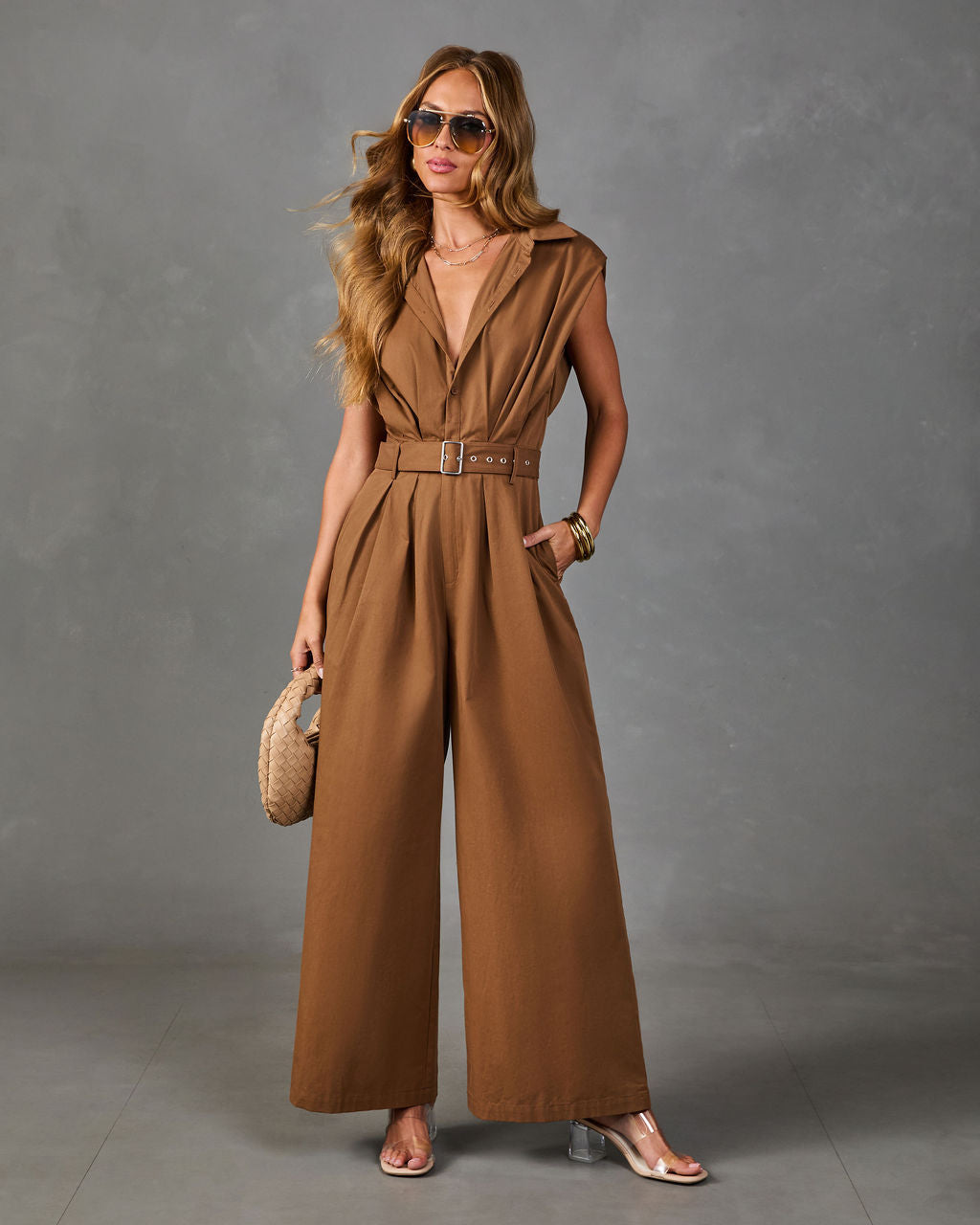 Selena Pleated Cotton Belted Jumpsuit