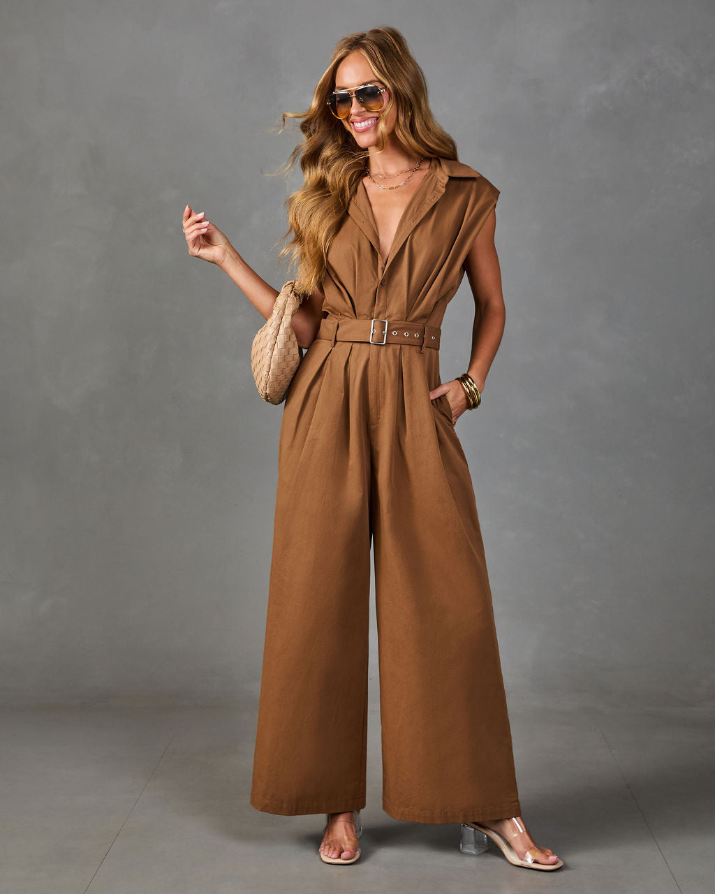 Selena Pleated Cotton Belted Jumpsuit