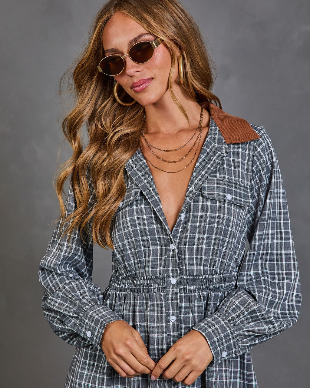 Charlotte Contrast Corduroy Collar Plaid Mini Dress
