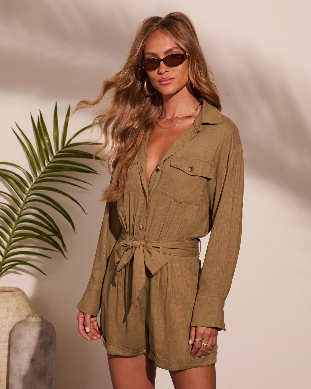 Slow Coast Waist Tie Linen Blend Romper