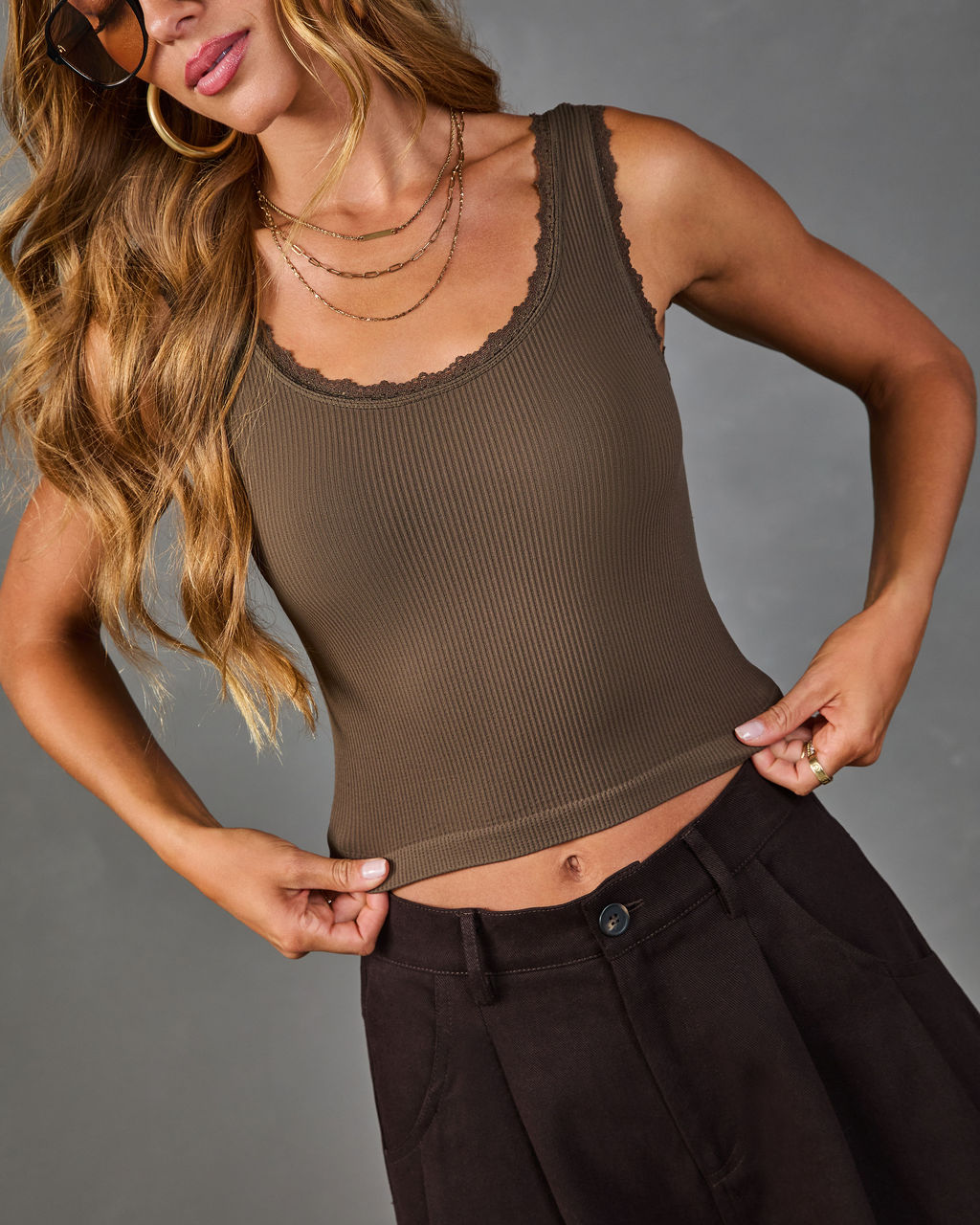 Early Start Seamless Ribbed Lace Trim Tank Top