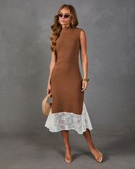 Reign Knit Mock Neck Lace Trim Midi Dress