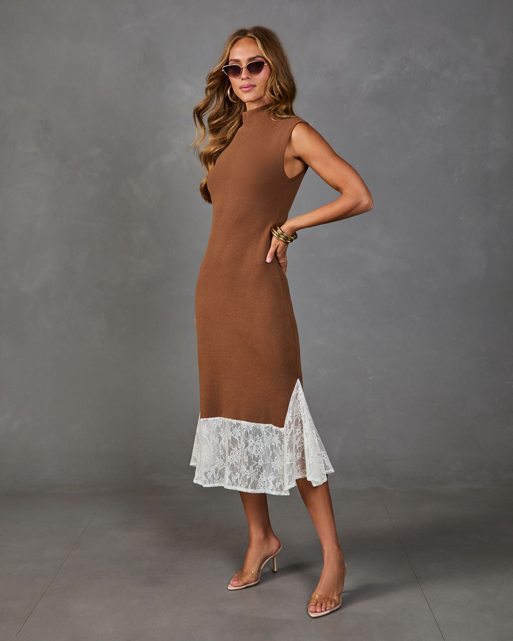Reign Knit Mock Neck Lace Trim Midi Dress