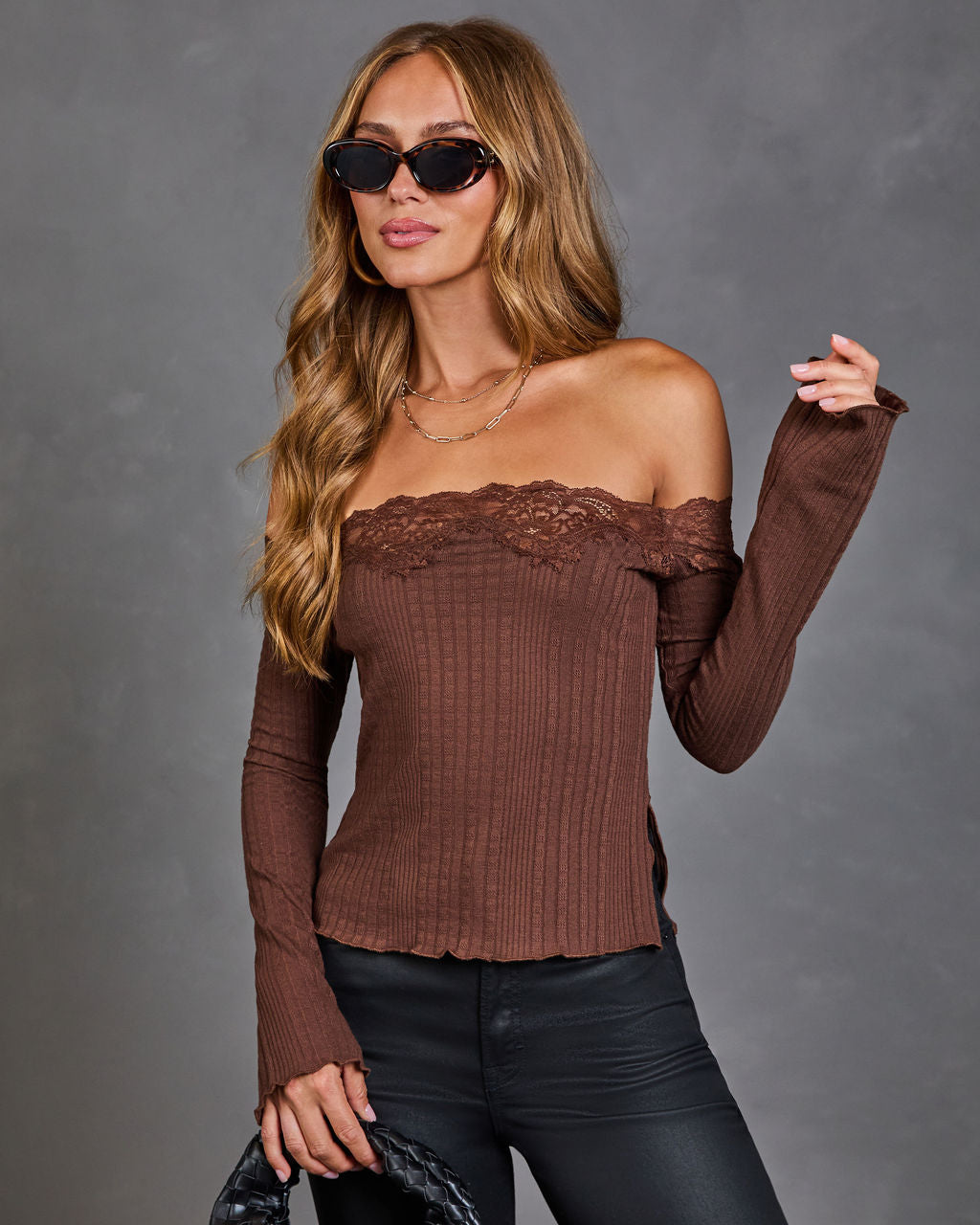 Orchard Girl Knit Off the Shoulder Lace Trim Top