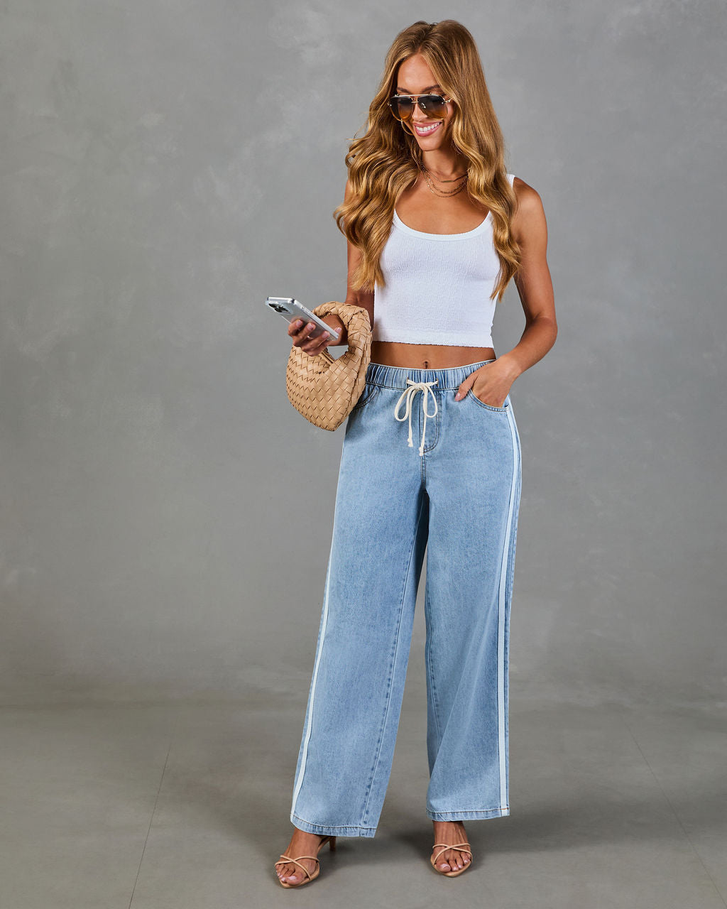 Understated Chic Drawstring Contrast Striped Jeans