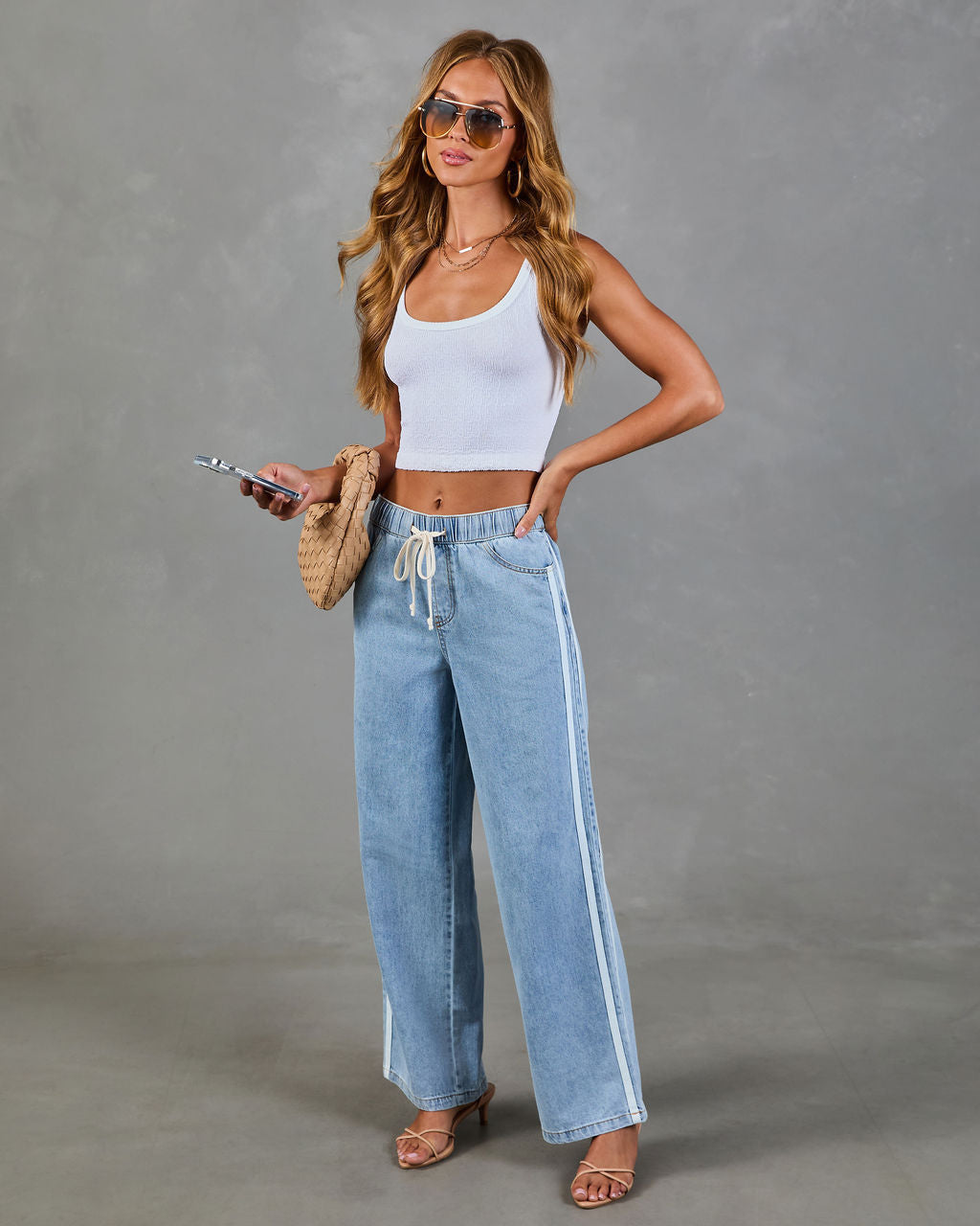 Understated Chic Drawstring Contrast Striped Jeans