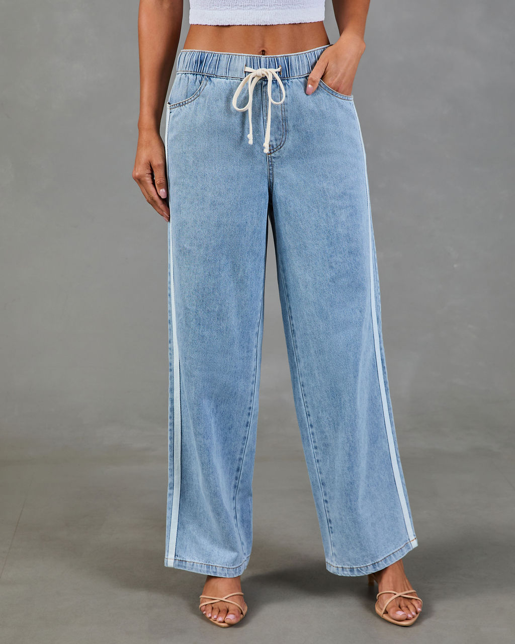 Understated Chic Drawstring Contrast Striped Jeans