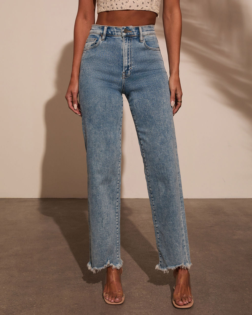 Mandy Stretch High Rise Straight Leg Frayed Jeans