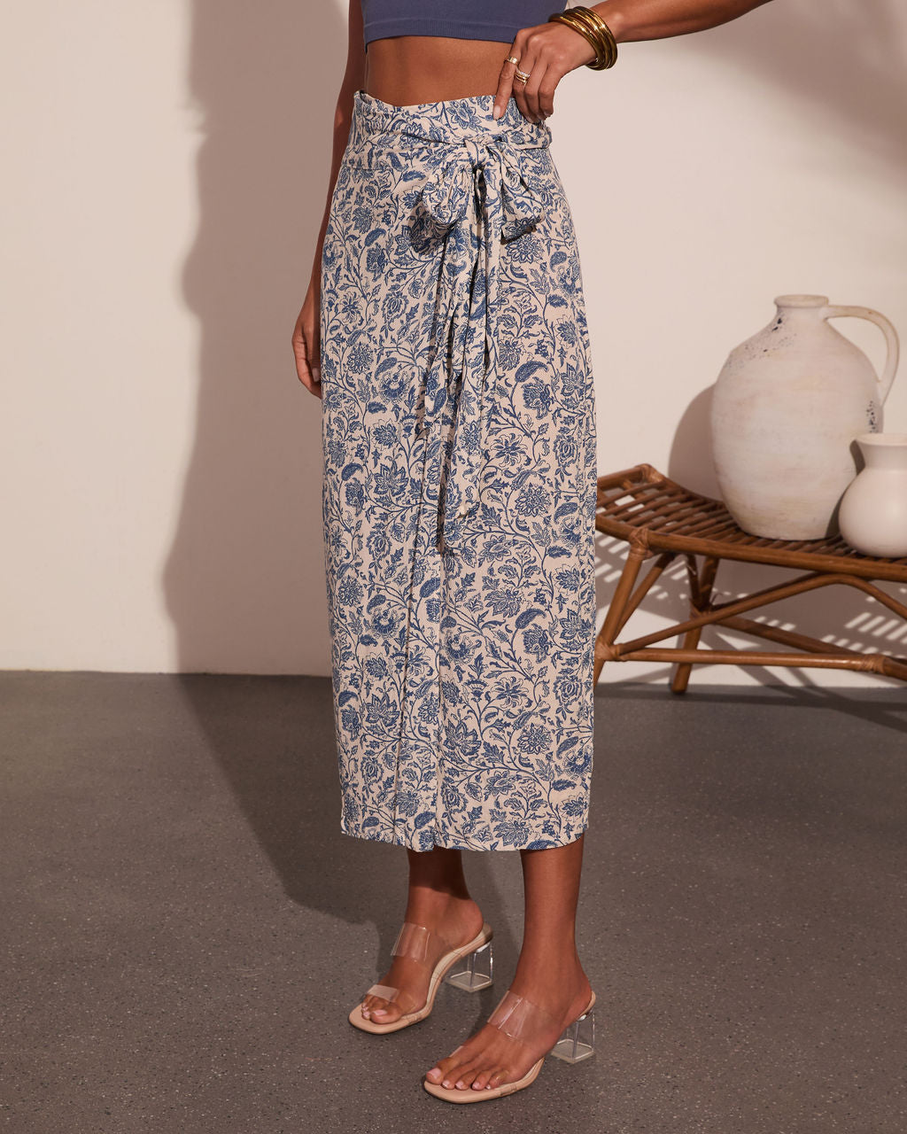 Secret Orchard Floral Wrap Tie Midi Skirt
