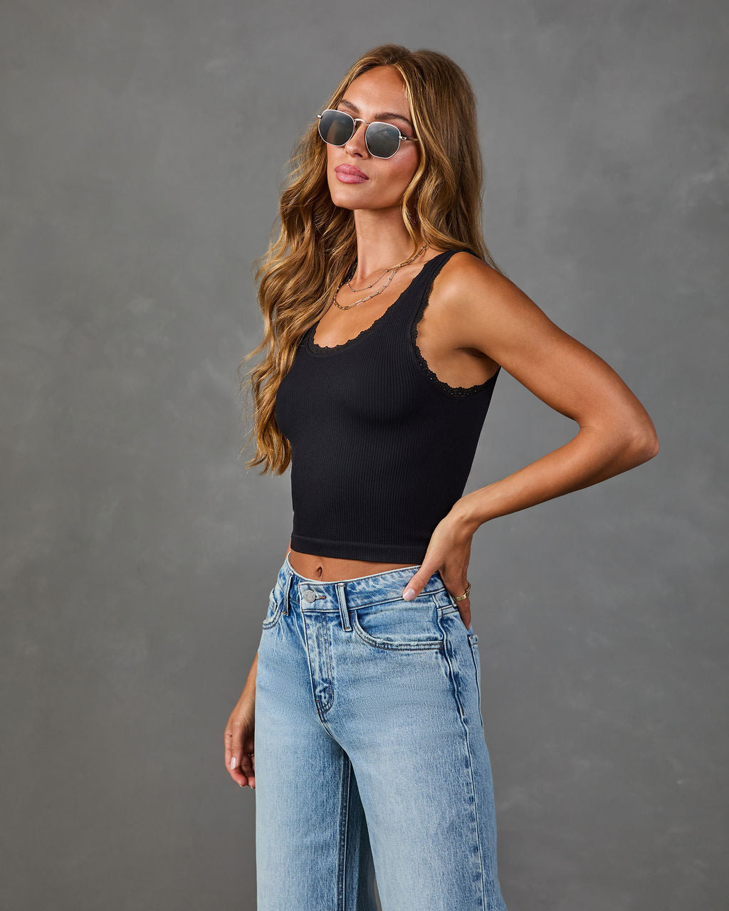 Early Start Seamless Ribbed Lace Trim Tank Top