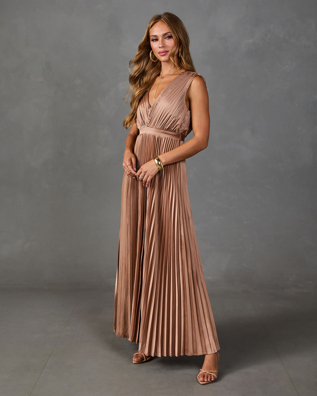 Evening Veil Pleated Satin Maxi Dress