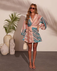 Slow Tide Striped Color Block Wrap Tie Mini Shirt Dress