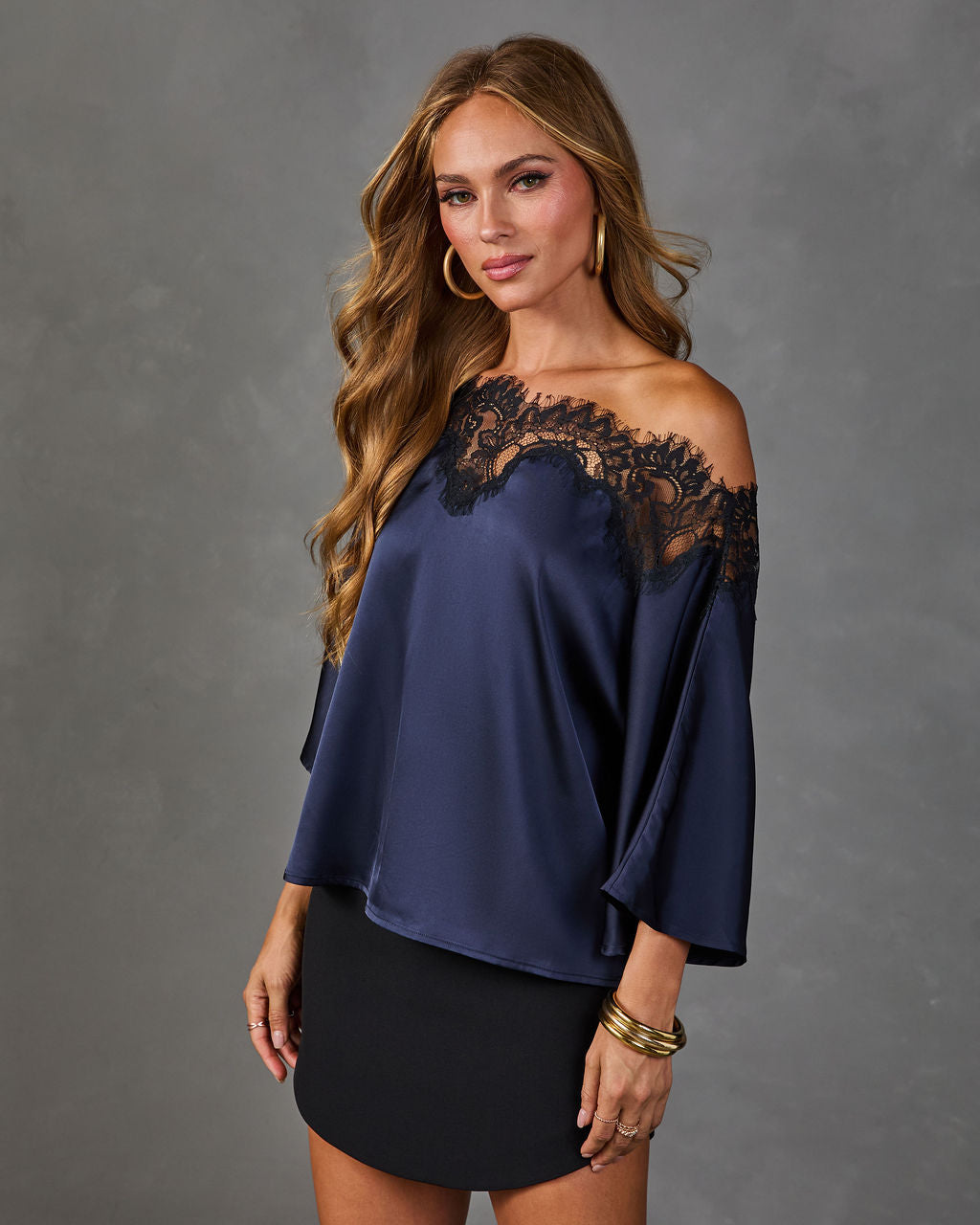 Greyson Satin Lace Trim Off The Shoulder Blouse