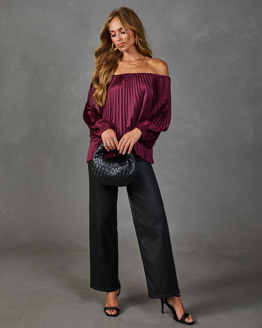 Elsie Pleated Satin Off the Shoulder Blouse