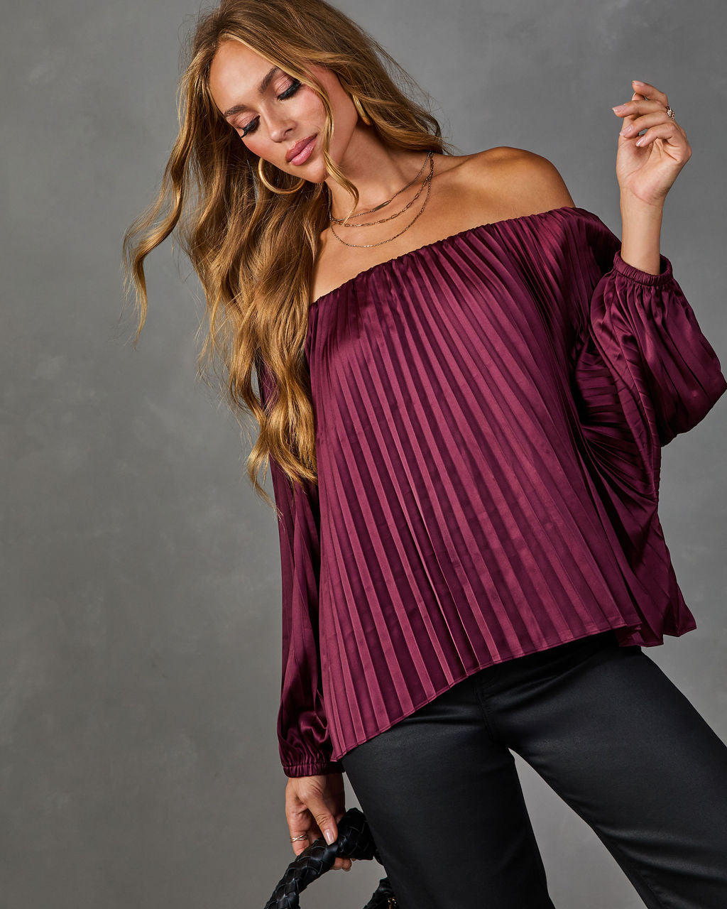 Elsie Pleated Satin Off the Shoulder Blouse