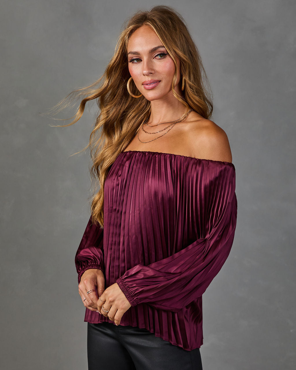 Elsie Pleated Satin Off the Shoulder Blouse