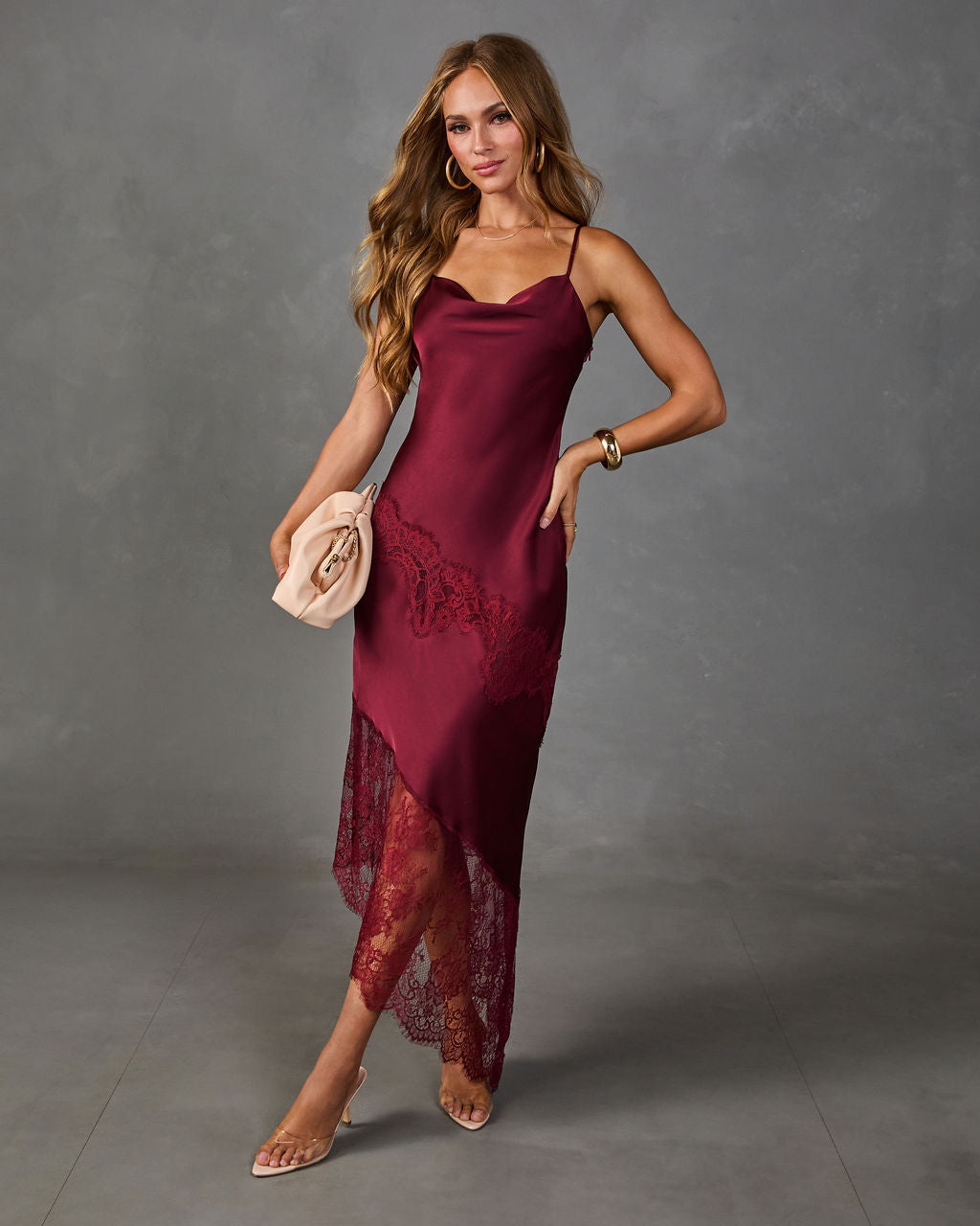 Dusky Romance Satin Lace Trim Slip Midi Dress