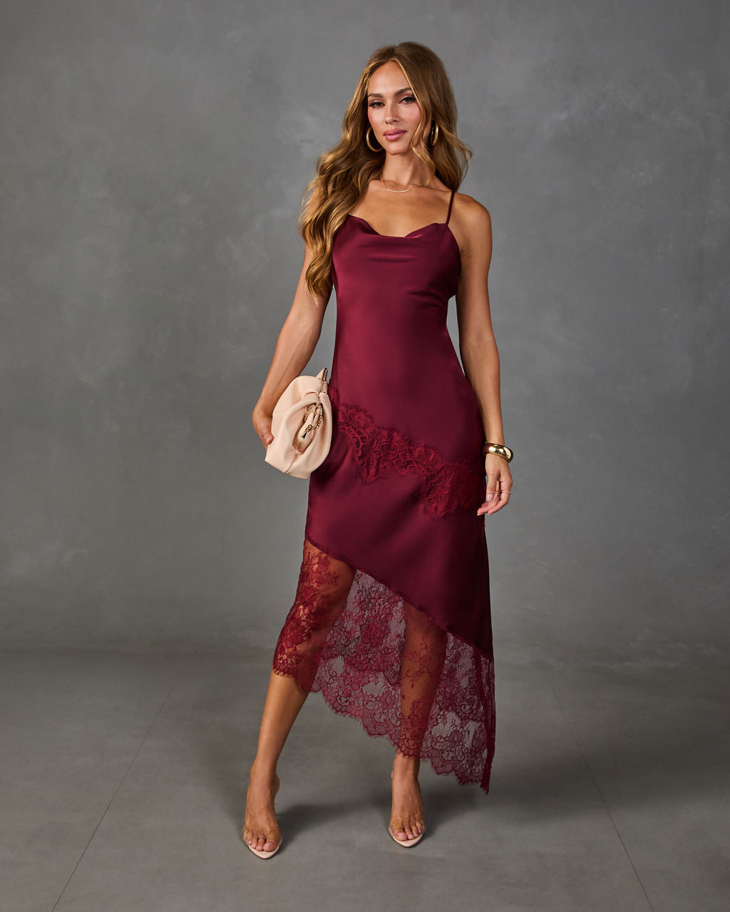 Dusky Romance Satin Lace Trim Slip Midi Dress