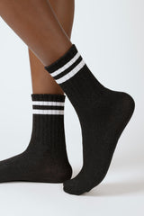 Black metallic white varsity stripe socks