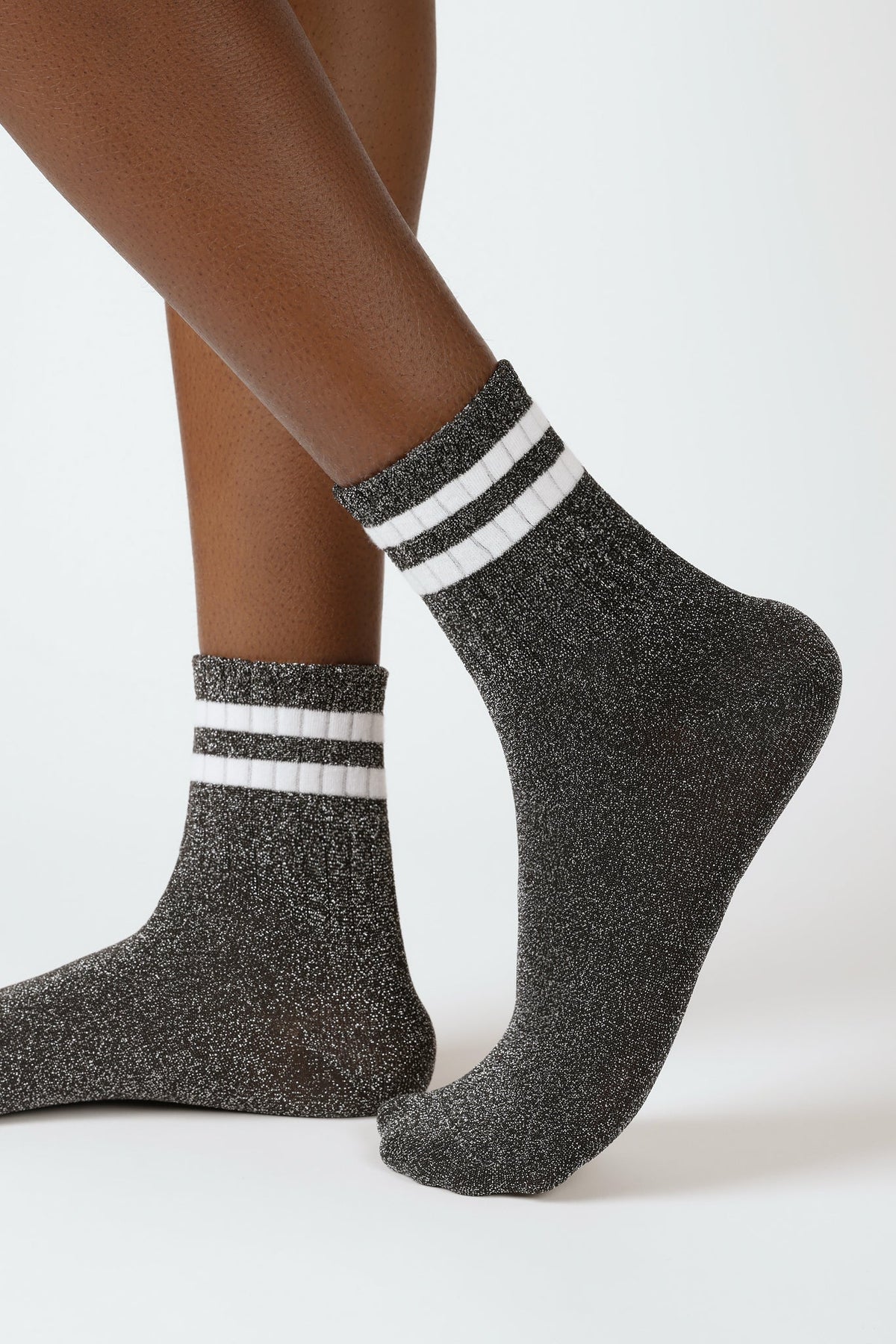Dark silver metallic white varsity stripe socks