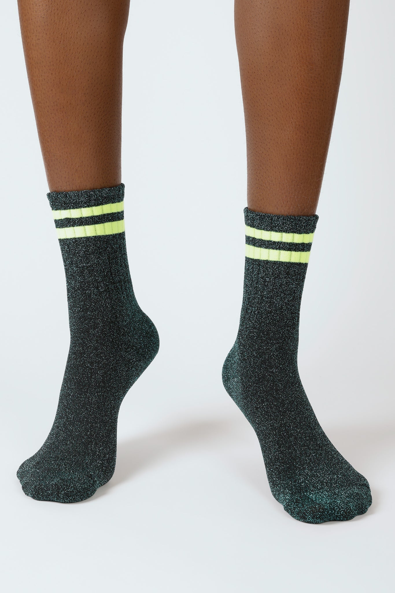 Teal metallic neon yellow varsity stripe socks