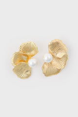 Gold single pearl half flower earrings
