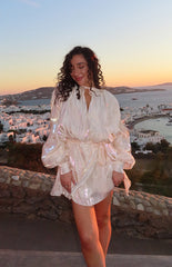 Quinton Pearl Satin Long Sleeve Tie Mini Dress