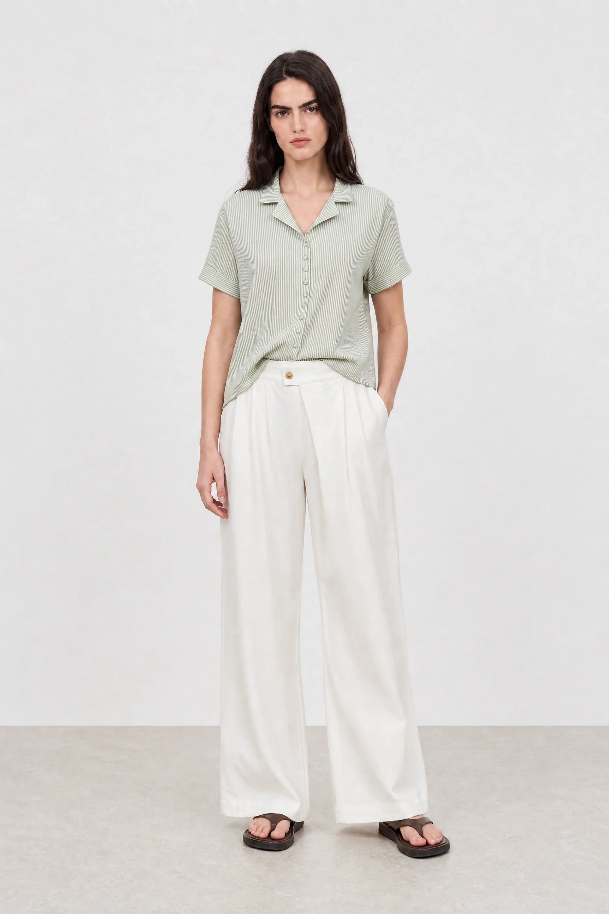 Green and white seersucker striped shirt