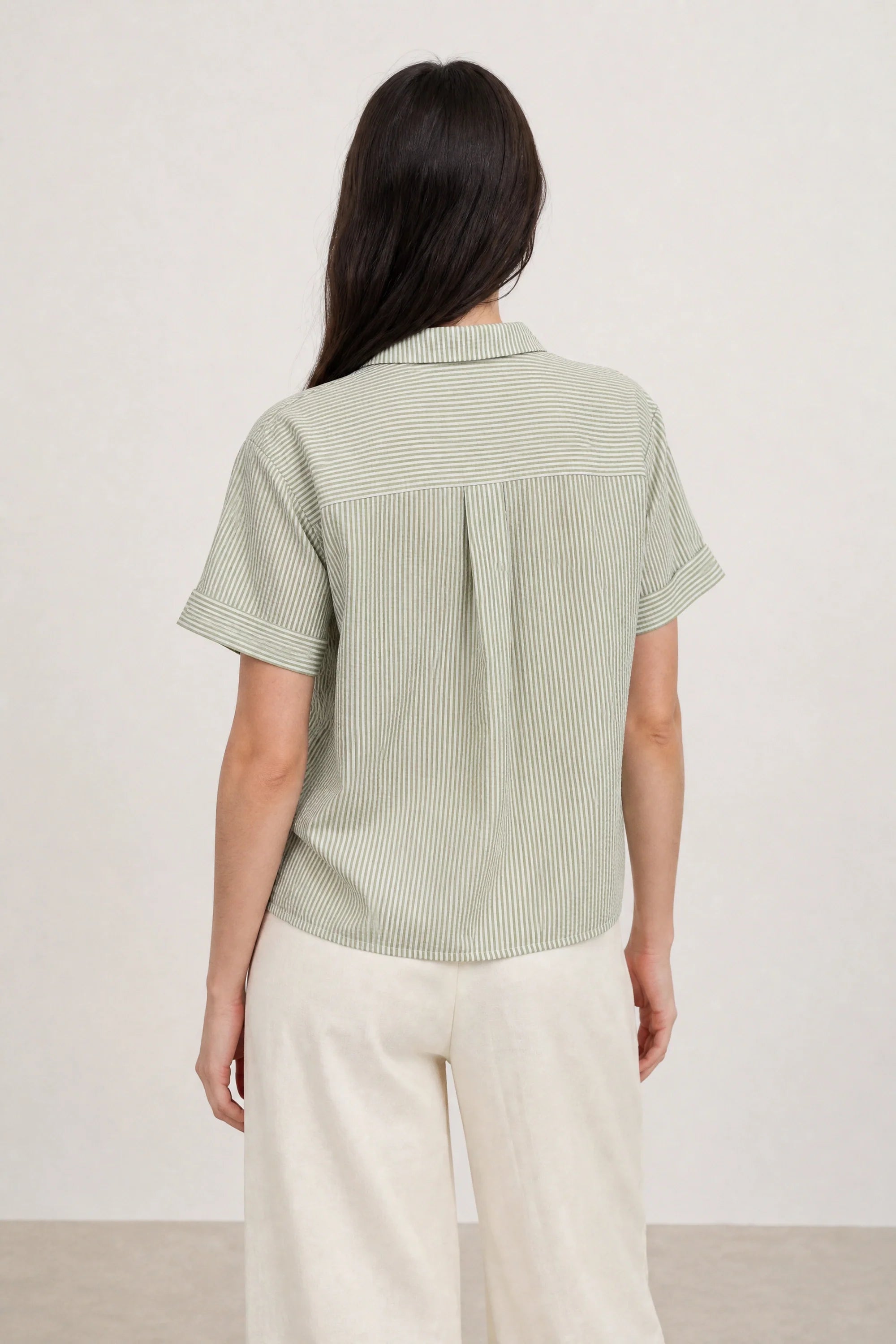 Green and white seersucker striped shirt