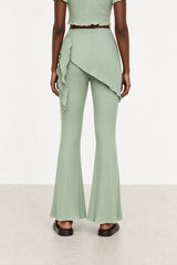 Green blue ribbed flare trousers