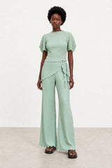Green blue ribbed flare trousers