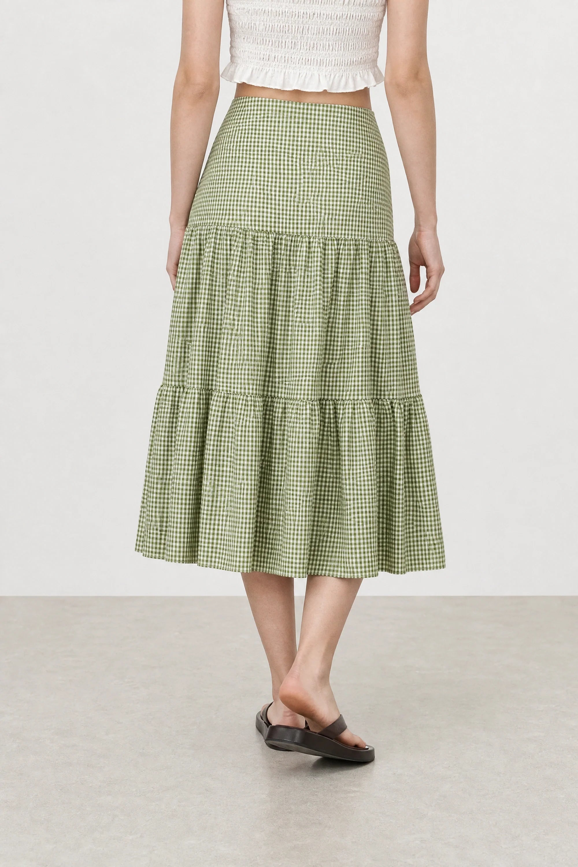 Green tiny gingham checked tiered skirt