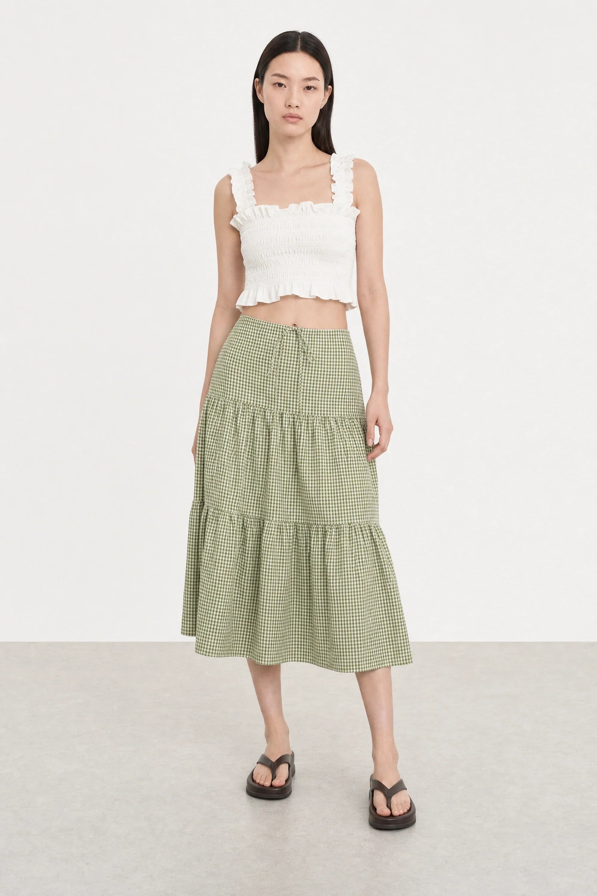 Green tiny gingham checked tiered skirt